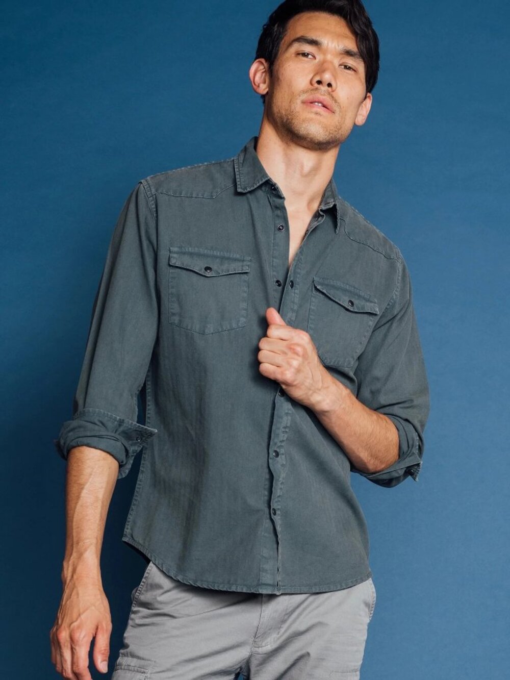 Original Paperbacks Denim Blue Herringbone Long Sleeve Shirt/12640